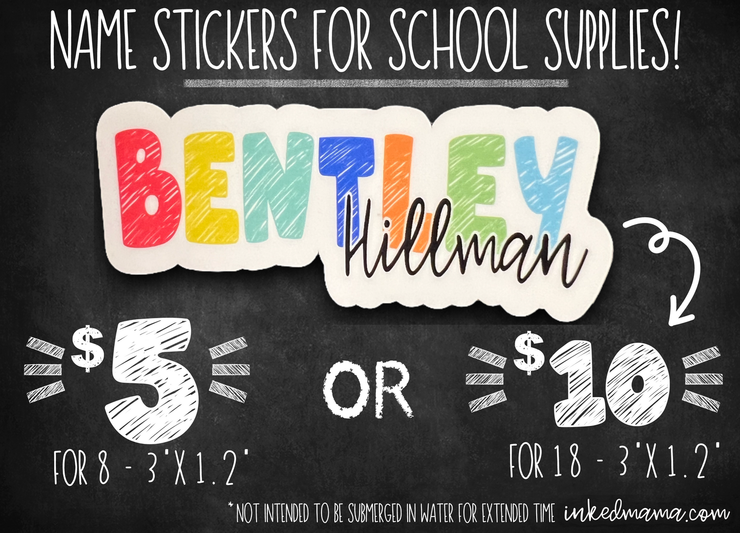 Chalk Lettering First and Last Name Stickers for School Supplies - 3"x1.2" in size