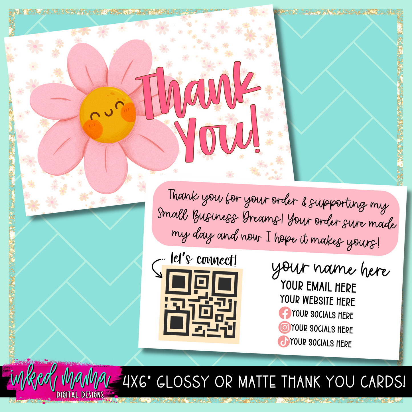 4x6" Pink Smiley Daisy Thank You Cards | Small Business Packaging Fillers