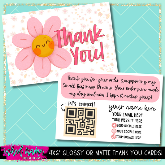 4x6" Pink Smiley Daisy Thank You Cards | Small Business Packaging Fillers