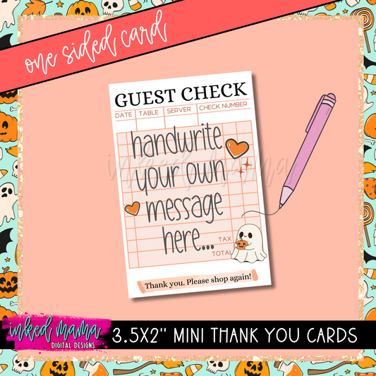 3.5x2” BLANK Cute Ghost - Guest Check Mini Thank You Cards | ONE SIDED | Small Business Packaging Fillers