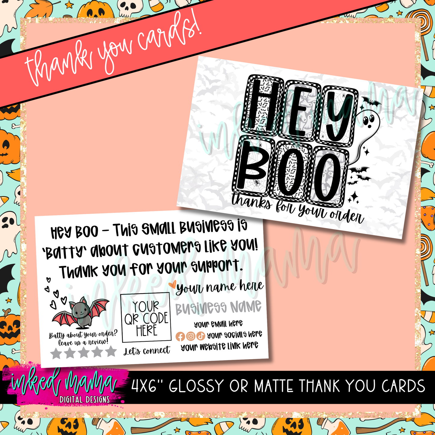 4x6" Hey Boo Thank You Cards | Small Business Packaging Fillers