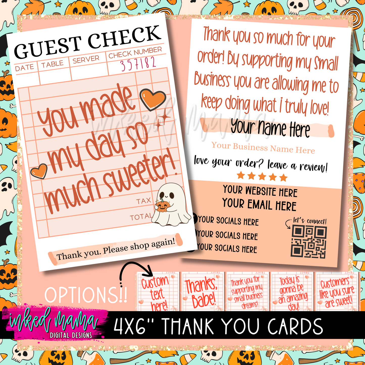 4x6" Cute Ghost Guest Check Thank You Cards | Small Business Packaging Fillers