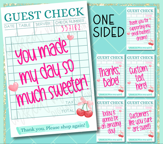 4x6" Guest Check Thank You Cards | ONE SIDED | Small Business Packaging Fillers