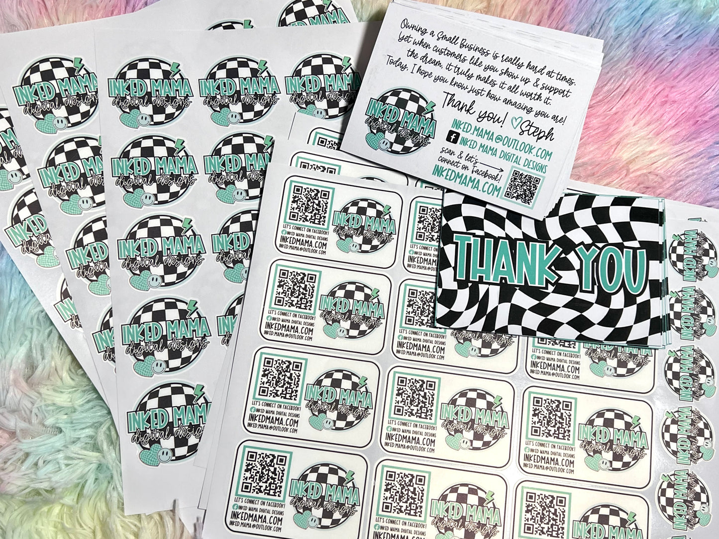 Checkered Board Logo Small Business Bundle | Full Color Printed Vinyl Stickers | Thank You Cards