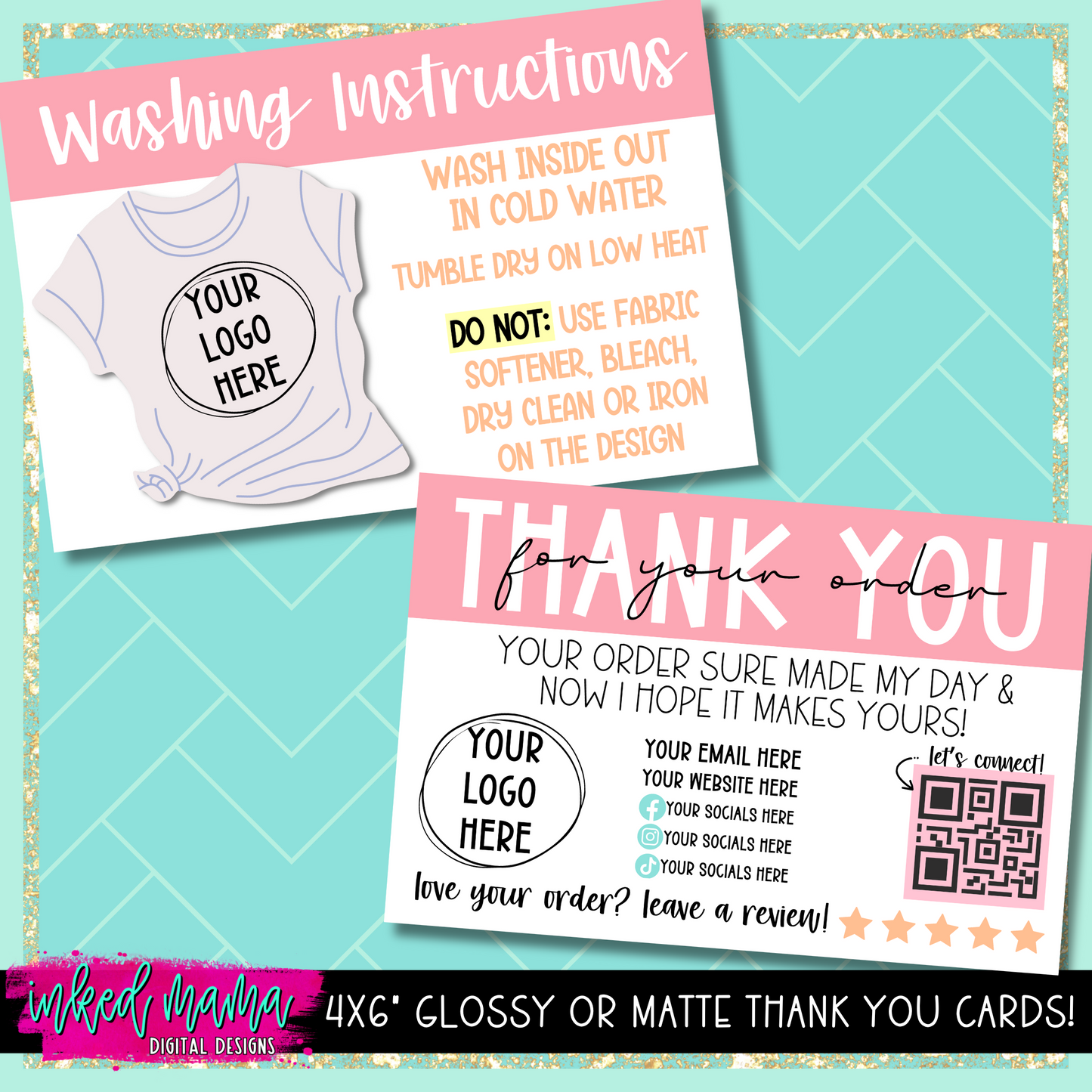 4x6" T-shirt Washing Instruction Thank You Cards | Small Business Packaging Fillers
