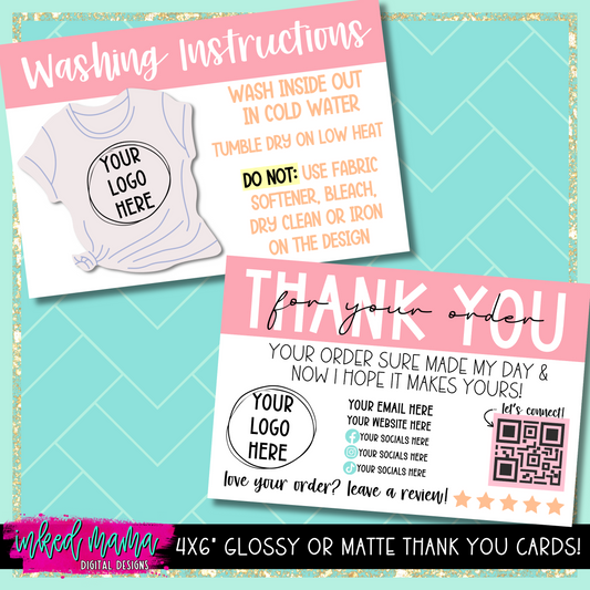 4x6" T-shirt Washing Instruction Thank You Cards | Small Business Packaging Fillers
