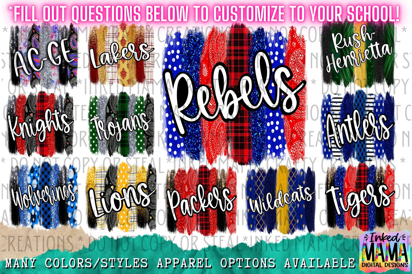 Brushstroke Mixed Patterms Background & School Mascot Name - Custom School Spirit Designs - Apparel