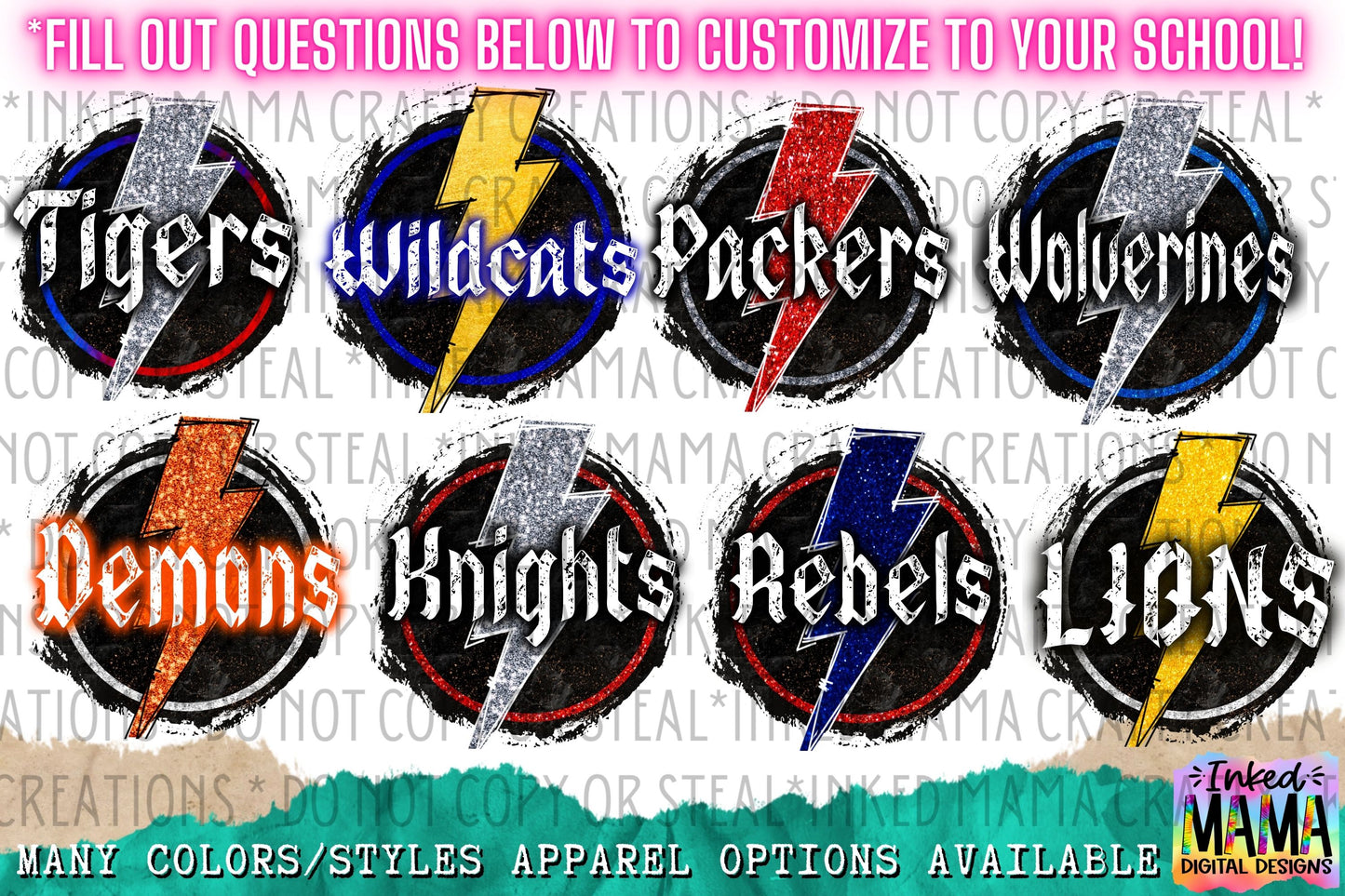 Lighting Bolt & School Mascot Name - Custom School Spirit Designs - Apparel