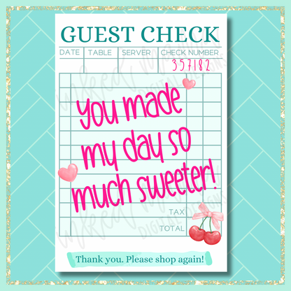 4x6" Guest Check Thank You Cards | ONE SIDED | Small Business Packaging Fillers