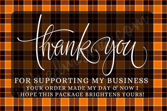 Orange Plaid Thank you Cards - Business Card Size - 48 in a set - Small Business Packaging Fillers