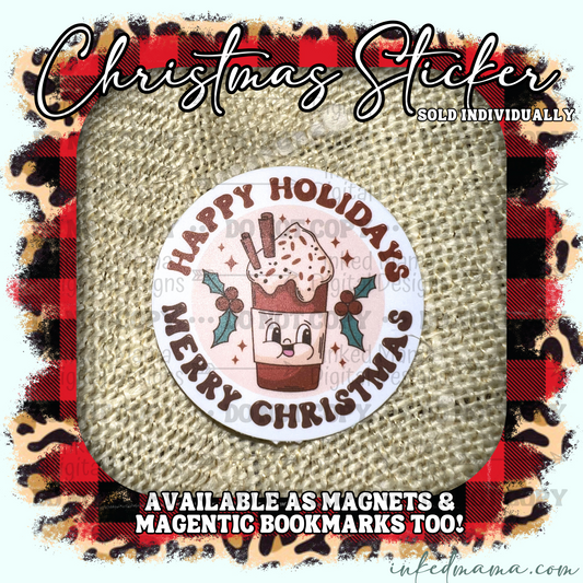 Happy Holidays Merry Christmas - Blended Retro Coffee - Vinyl Sticker | Magnet | Magnetic Bookmark