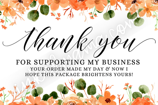 Orange Flowers Thank You - Business Card Size - 48 in a set - Small Business Packaging Fillers