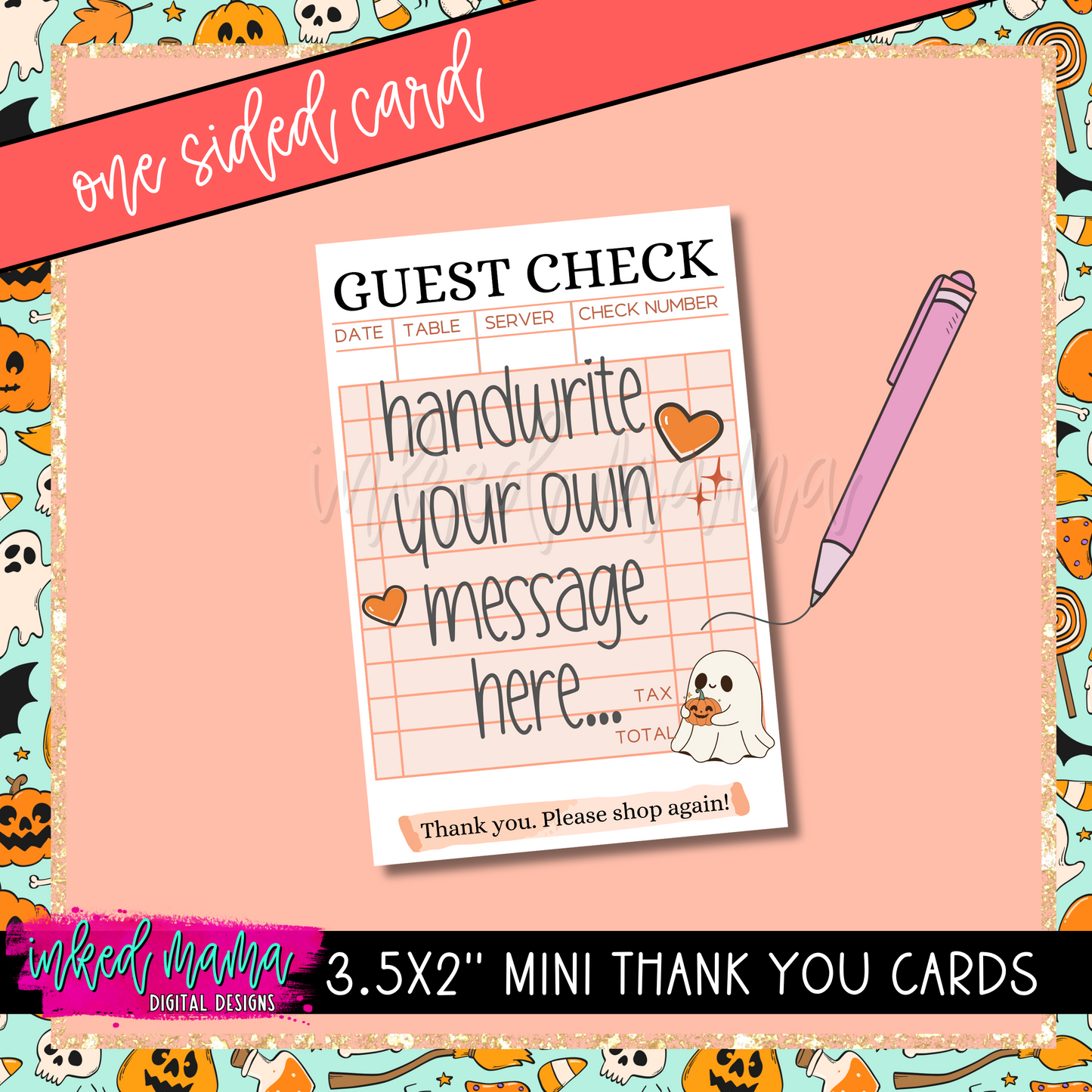 3.5x2” BLANK Cute Ghost - Guest Check Mini Thank You Cards | ONE SIDED | Small Business Packaging Fillers