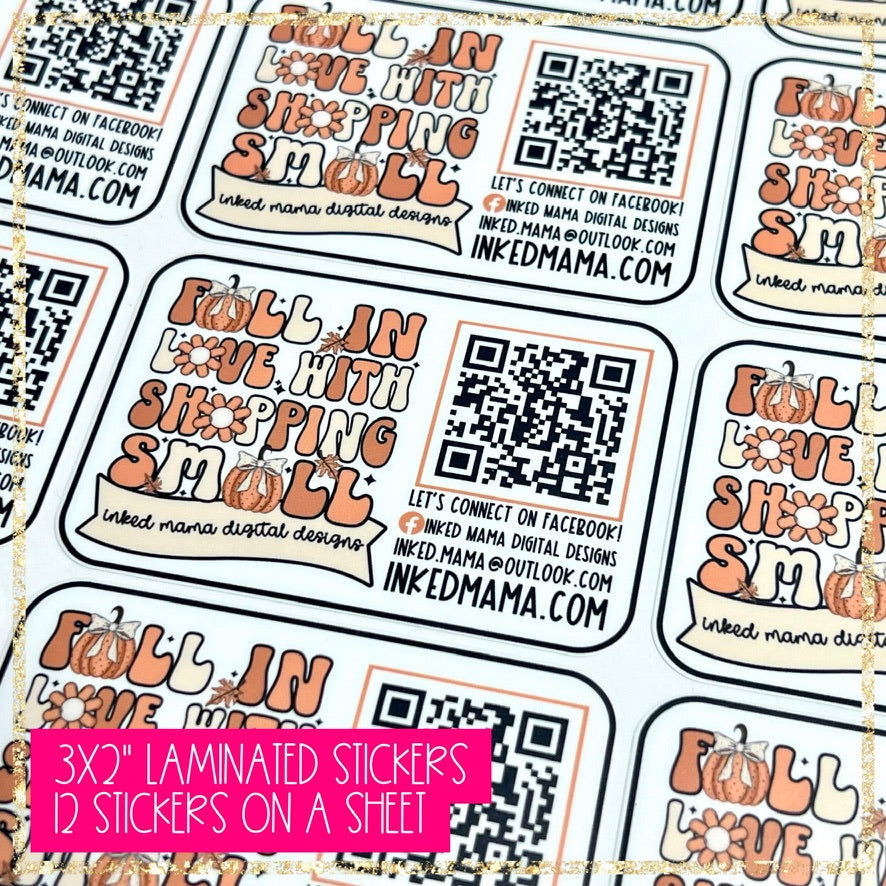 "Fall in Love" Semi-Custom QR + Logo Stickers | Small Business Full Color Printed Vinyl Sticker