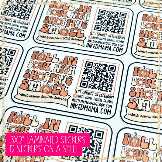 "Fall in Love" Semi-Custom QR + Logo Stickers | Small Business Full Color Printed Vinyl Sticker