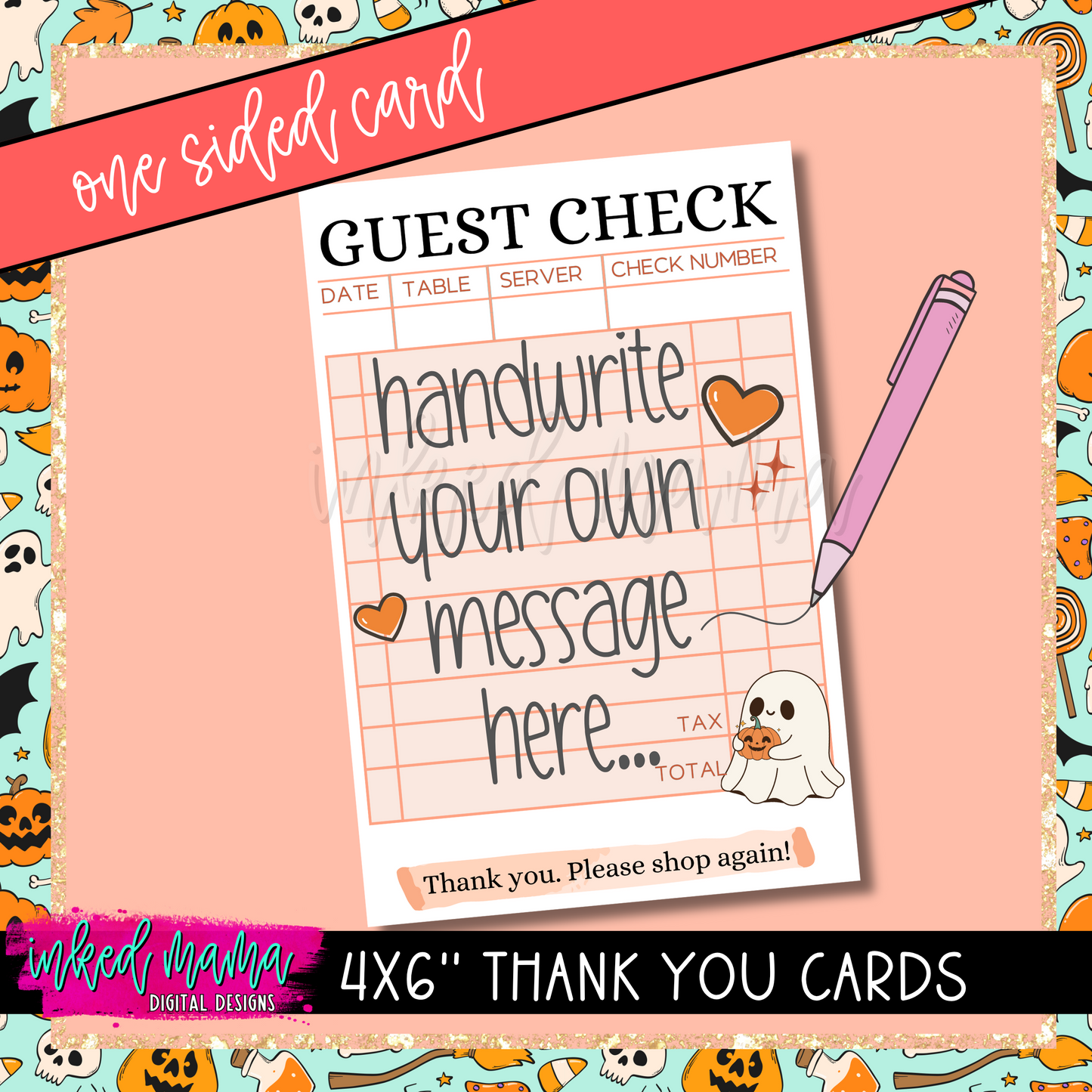 4x6" BLANK Cute Ghost Guest Check Thank You Cards | ONE SIDED | Small Business Packaging Fillers
