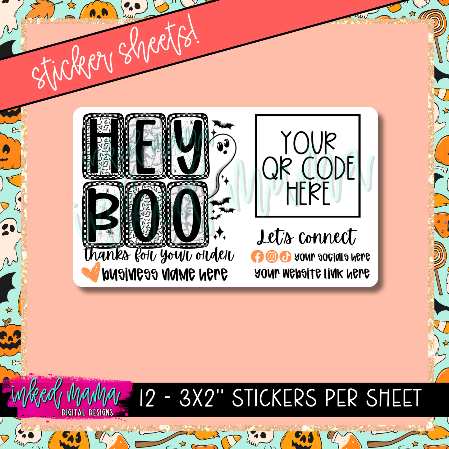 3x2" Hey Boo + QR CODE | Small Business Packaging Vinyl Stickers