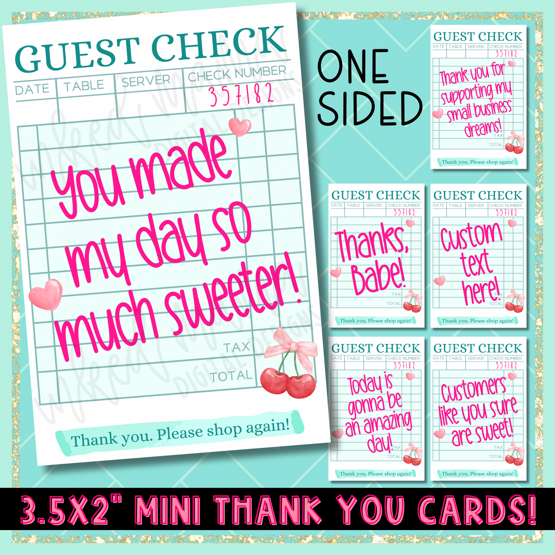 3.5x2” Guest Check Mini Thank You Cards | ONE SIDED | Small
