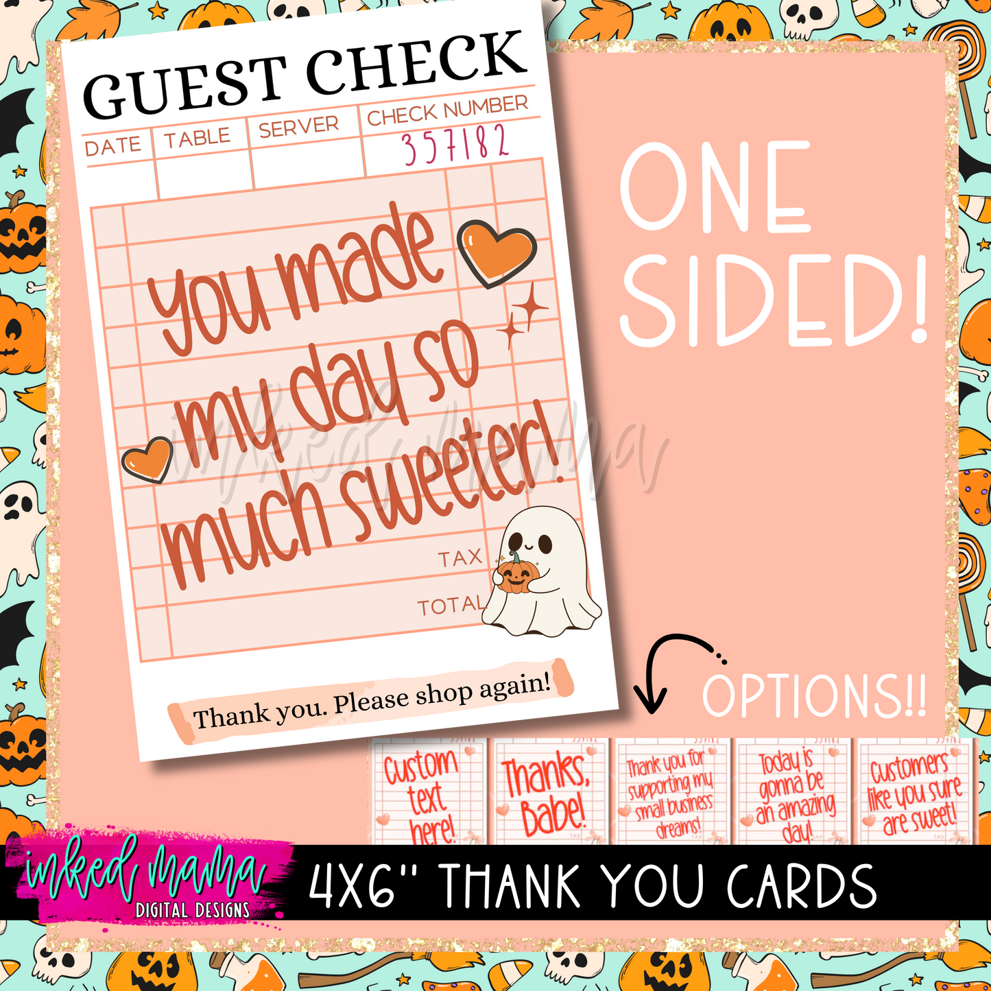 4x6" Cute Ghost Guest Check Thank You Cards | ONE SIDED | Small Business Packaging Fillers