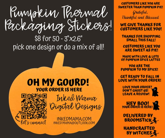Pumpkin Thermal Packaging Sticker - QR CODE & CUSTOM TO YOU! - 50 in a set