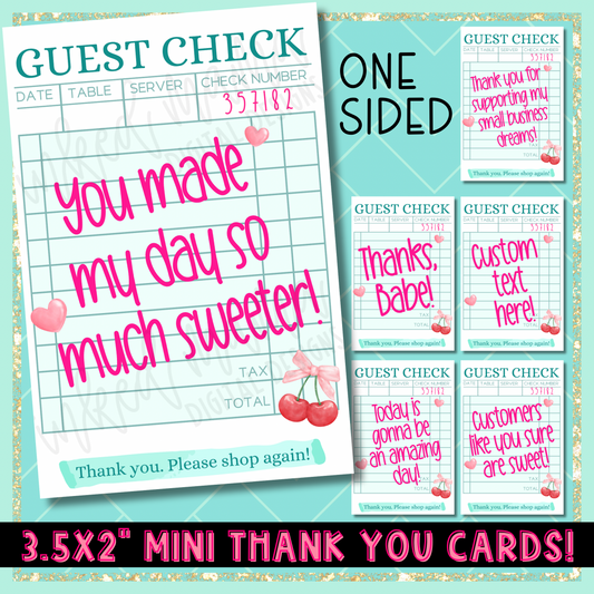 4x6" Guest Check Thank You Cards | ONE SIDED | Small Business Packaging Fillers