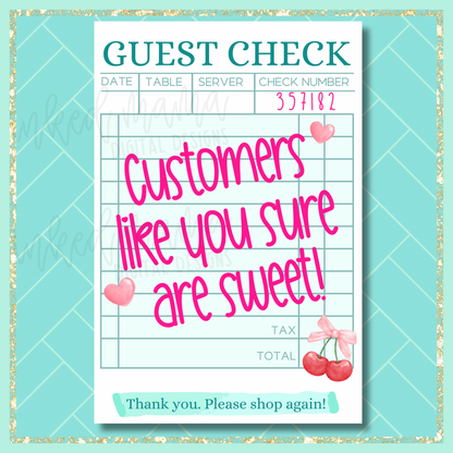 4x6" Guest Check Thank You Cards | ONE SIDED | Small Business Packaging Fillers