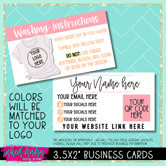 3.5x2" T-Shirt Washing Instructions Business Cards | DOUBLE SIDED | Small Business Branding Products