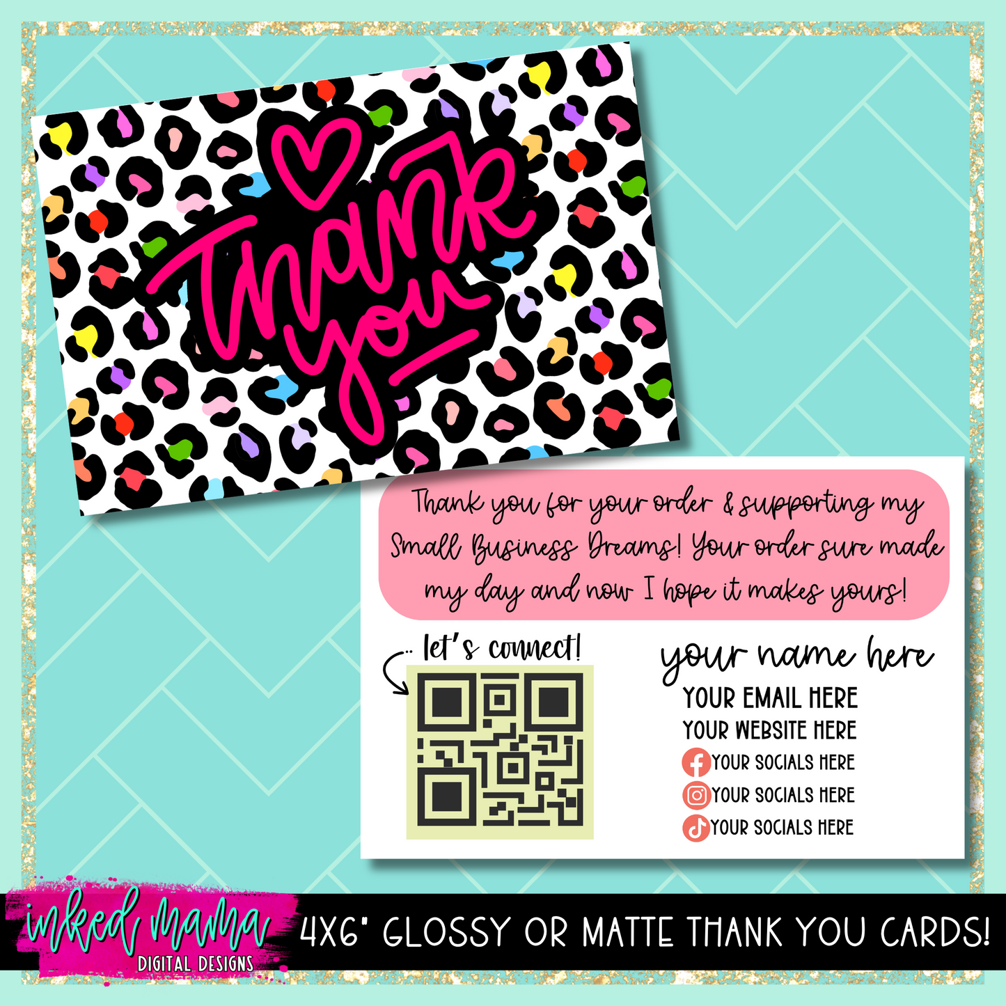 4x6" Bright Leopard Thank You Cards | Small Business Packaging Fillers