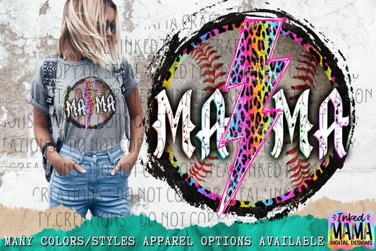 Mama Baseball - Lightning bolt - Leopard Print - Apparel