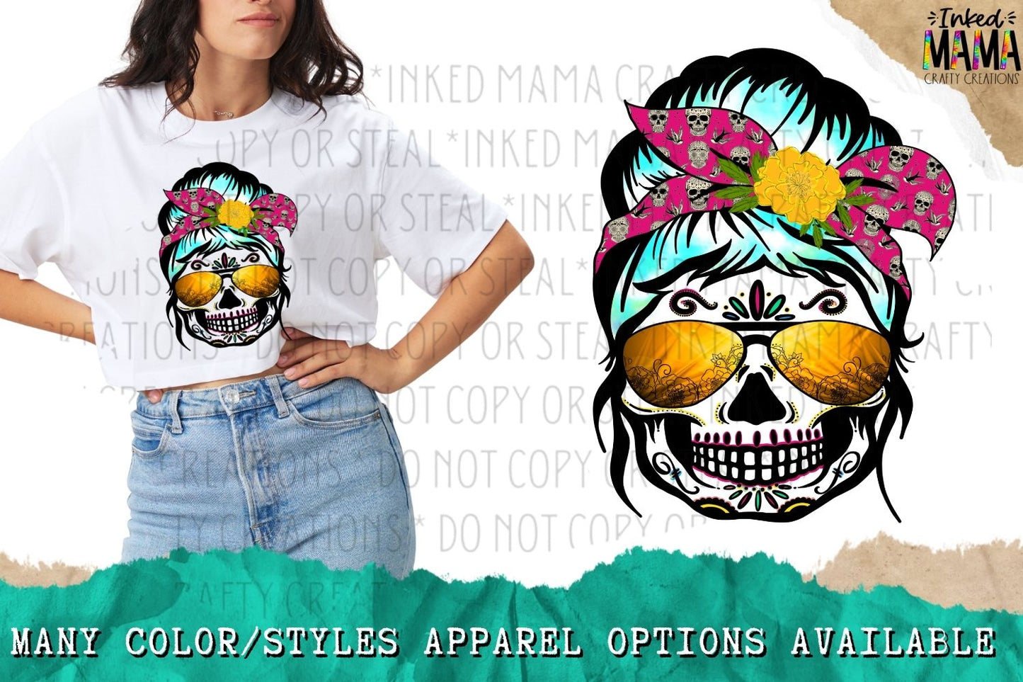 Day of the Dead Skull Woman messy bow and glasses -  Apparel